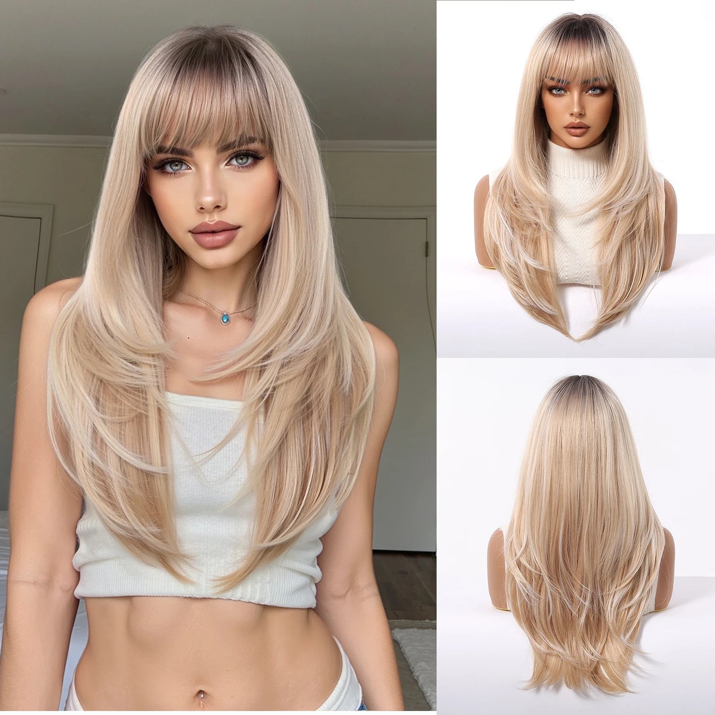 Perruques synthétiques longues blondes EASIHAIR pour femmes, cheveux naturels lisses et dégradés avec frange, résistantes à la chaleur, pour un usage quotidien
