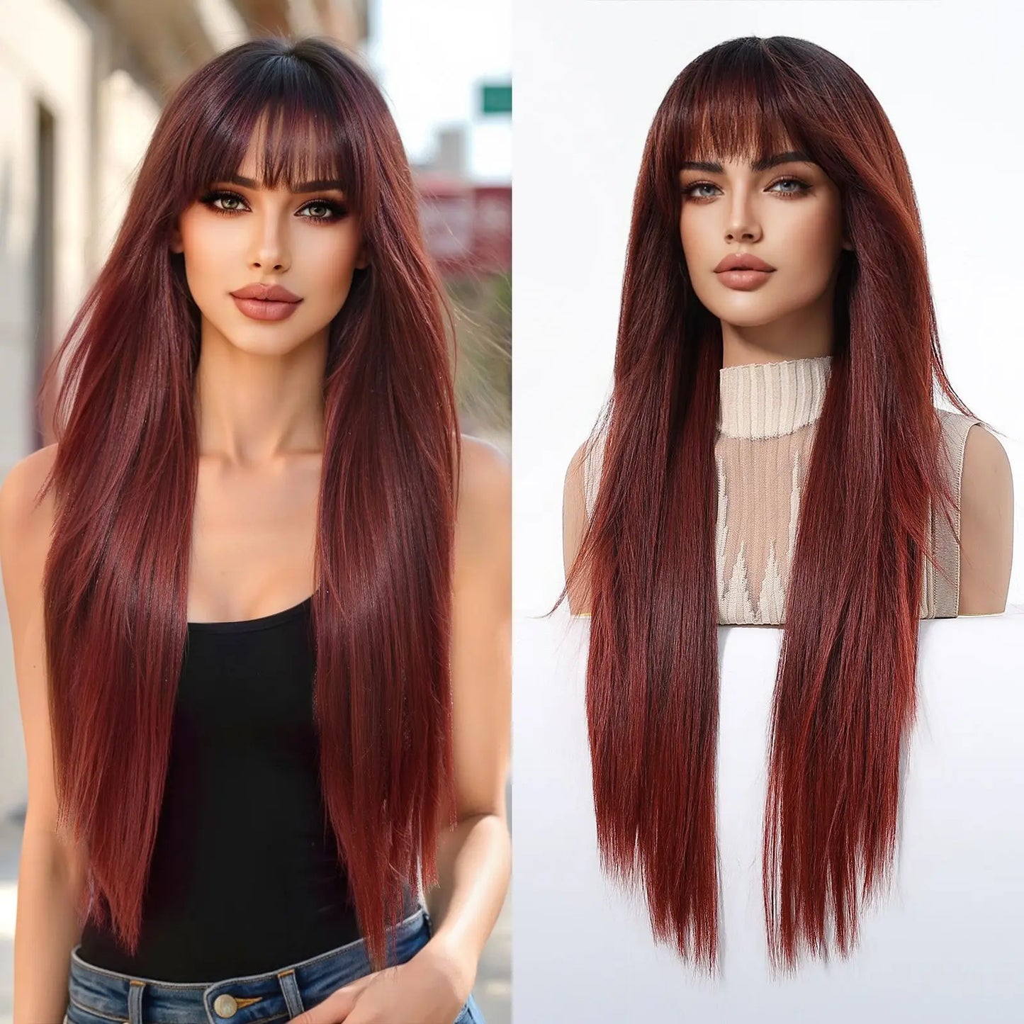 Perruques synthétiques longues blondes EASIHAIR pour femmes, cheveux naturels lisses et dégradés avec frange, résistantes à la chaleur, pour un usage quotidien