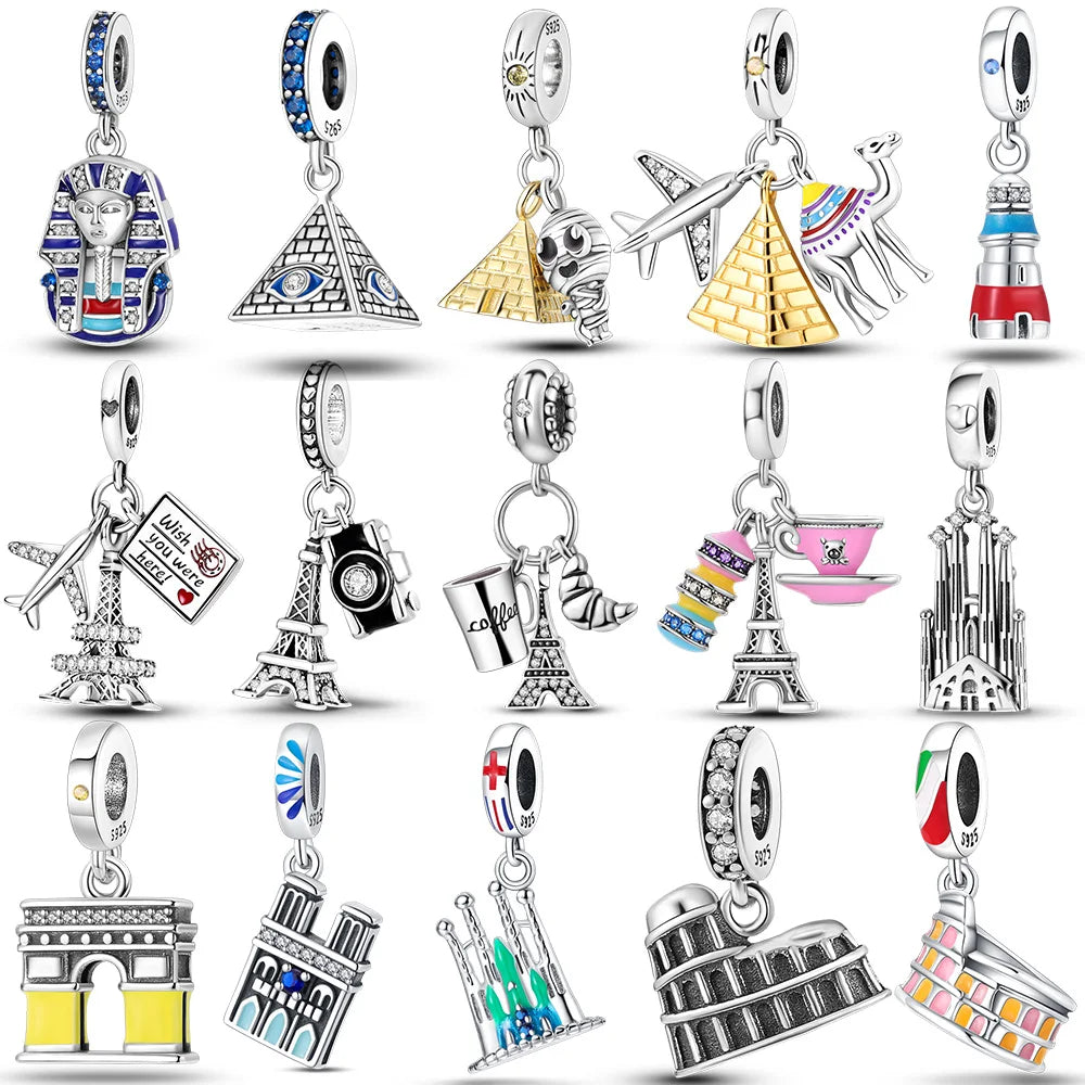 925 Sterling Silver Spots Series Charm Eiffel Tower Egypt Charms Pendant Fit MULA Original Sliver Bracelets DIY Jewelry Gifts