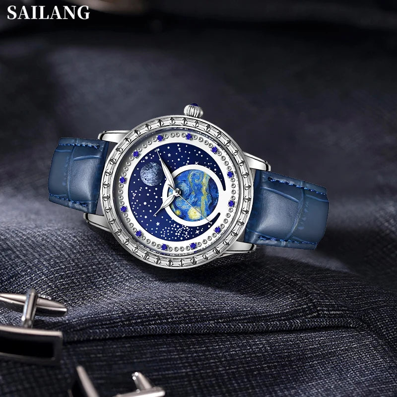 100%Original SAILANG Men Watch Waterproof Leather Strap Simple Fashion Starry Sky Swarovski Diamonds Men’s Luxury WristWatch