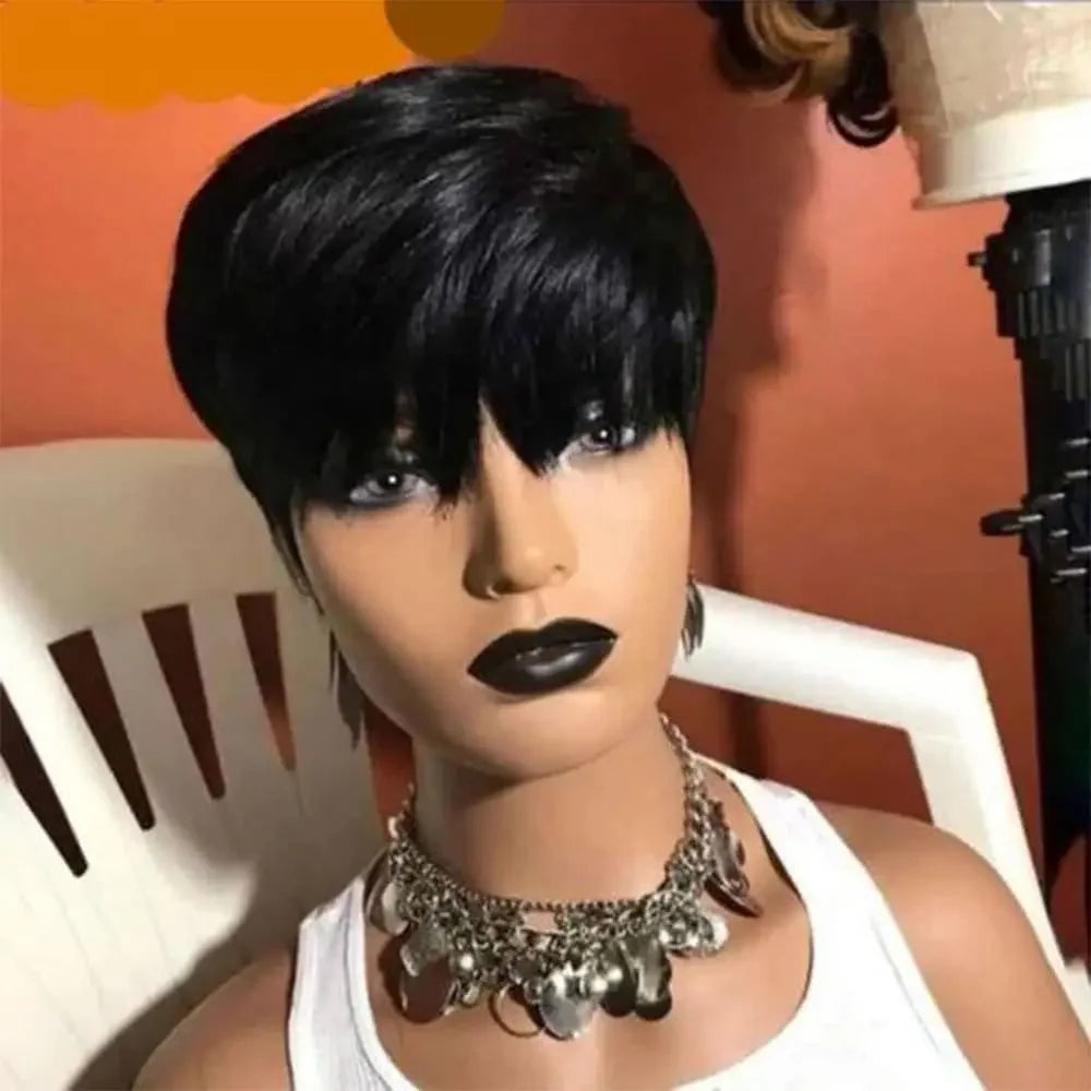 Perruque courte et lisse en cheveux humains, coupe Pixie, fabriquée à la machine, pour femmes noires, avec frange, dégradée, vierge, noir 1B, bonnet complet