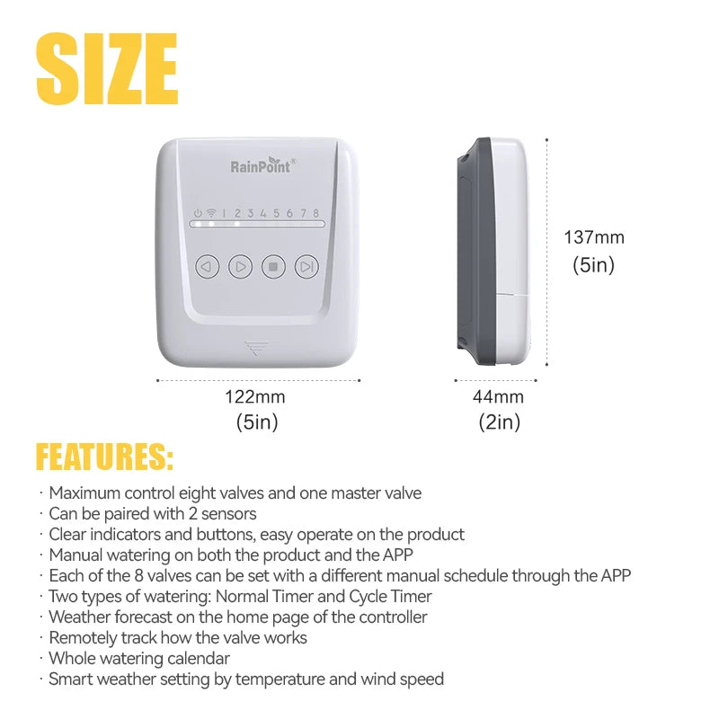 RAINPOINT 8 Zone WIFI Connect Minuterie d'arrosage Contrôleur d'irrigation de jardin Vanne d'eau Minuterie d'irrigation Système d'arrosage intelligent