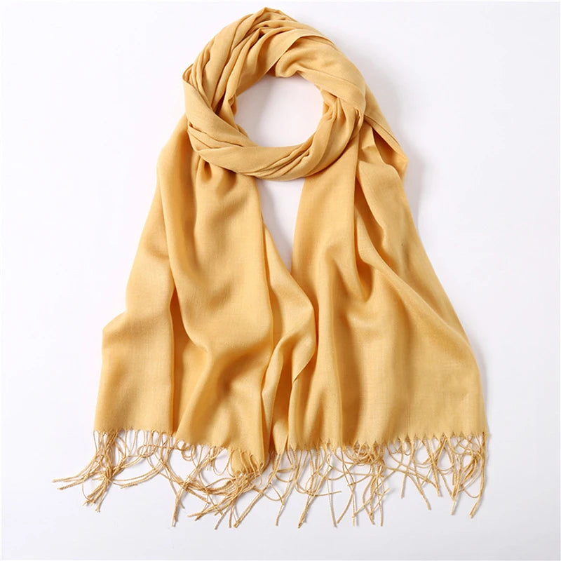 Écharpe tendance pour femme, couleur unie, hijab d'hiver, pompons, long châle, style cachemire, pashmina, bandana