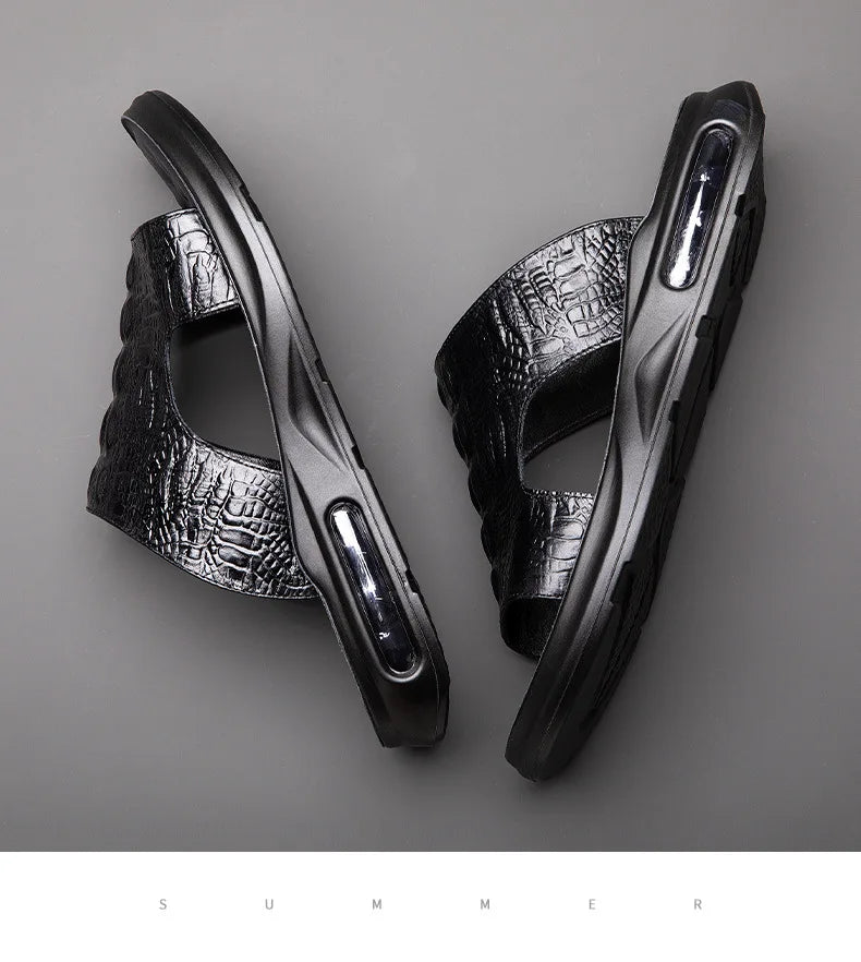 Chaussures d'été pour hommes, sandales en cuir véritable, imprimé crocodile, pantoufles décontractées, tongs à coussin d'air, chaussures de plage cool