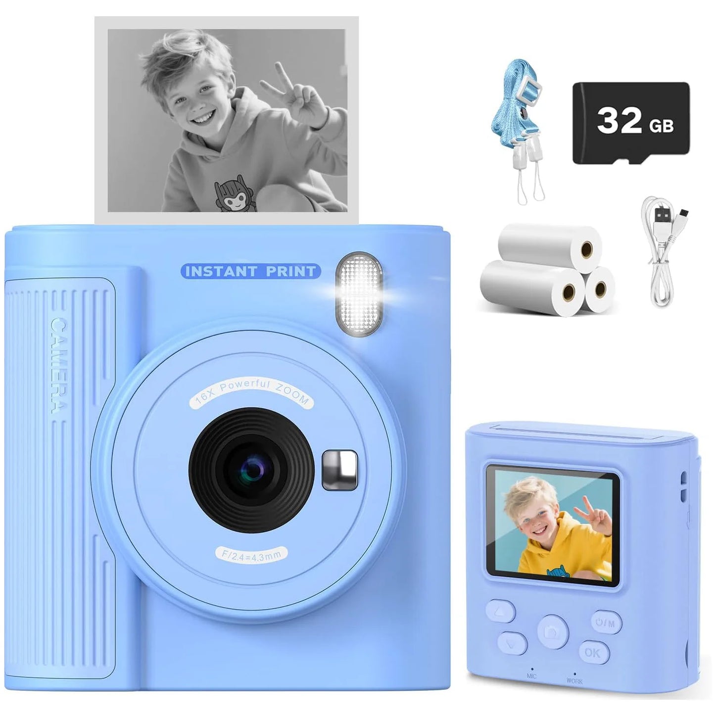Kids Camera Instant Print HD 1080P 16X Zoom Digital Camera Video Recorder Toy for Girls & Boys Best Christmas Birthday Gfits