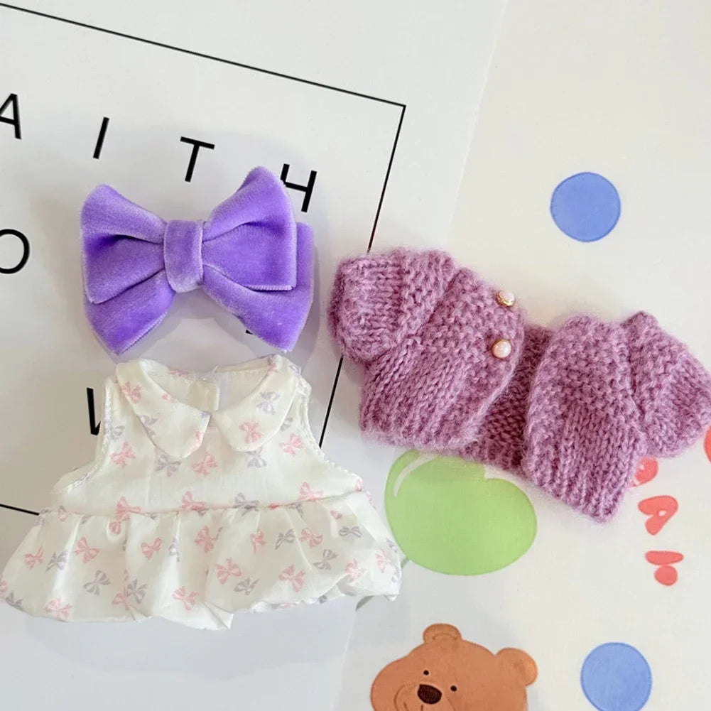 Lovely Bow Heart Flower Bud Skirt Set Decor Dress Sweater Cardigan Outfit Dolls Accessories For 17cm/38cm Labubu Doll Clothes