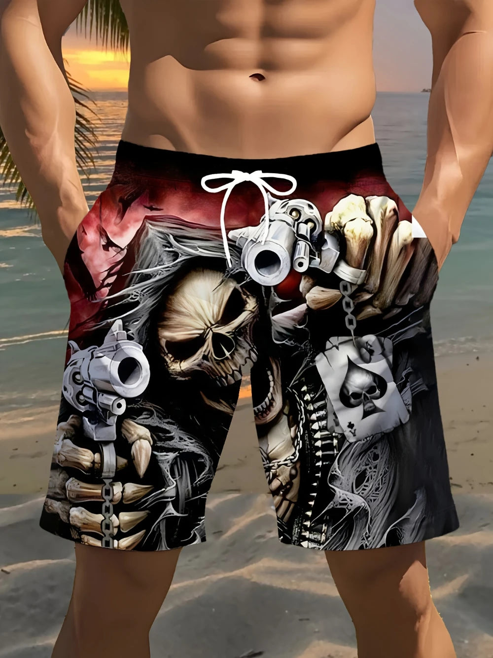 Men's Skull Print Beach Shorts Lightweight Soft Texture Summer Casual Sweatpants Gym Basketball Fishing and Outdoor Activities