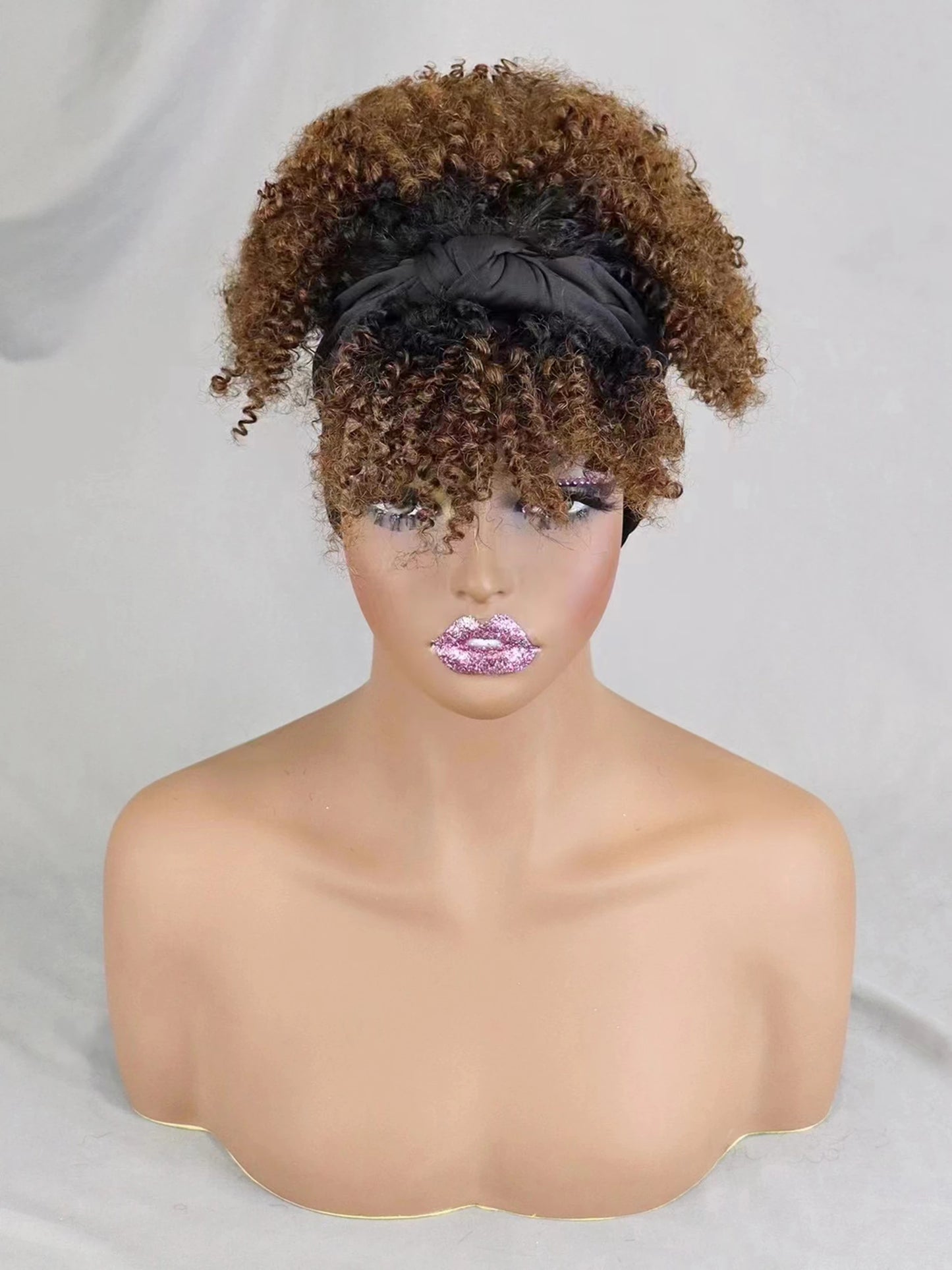 200% Density 1BT30 Afro Kinky Curly Scarf Wig with Bangs Machine Made Wig Curly 100% Human Hair Wig Preplucked for Black Women