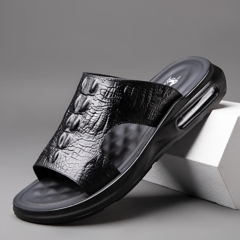 Chaussures d'été pour hommes, sandales en cuir véritable, imprimé crocodile, pantoufles décontractées, tongs à coussin d'air, chaussures de plage cool