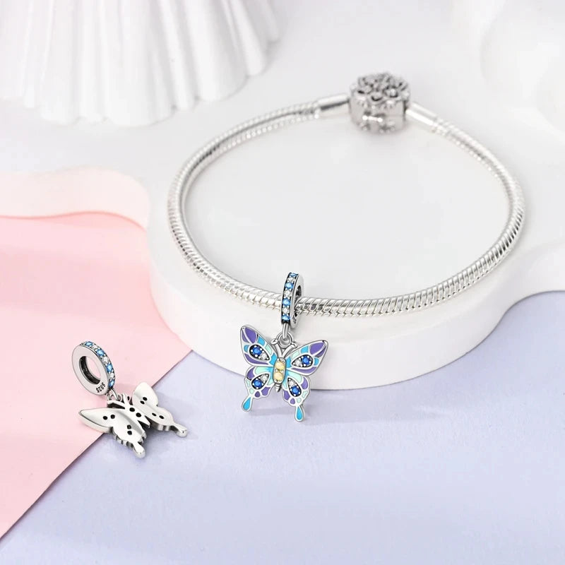 New 925 Sterling Silver Luminous Elf Blue Purple Butterfly Moon Life Tree Charms Beads Fit Pandach Original Bracelet DIY Jewelry
