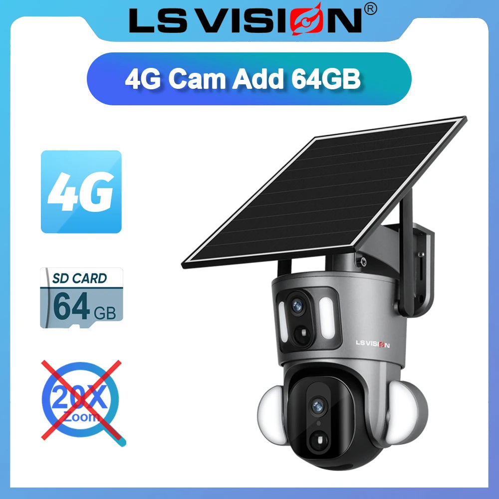 LS VISION 4G Solar Security Camera Outdoor 20X Zoom Dual Screen 8MP WiFi PTZ Dual Lens PIR Detection Auto Tracking Camera UBOX