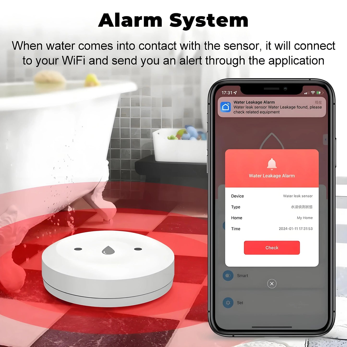 Zigbee Water Sensor Tuya Leak Flood Detector App Remote Monitoring for Kitchen/Bathroom Support Home Assistant