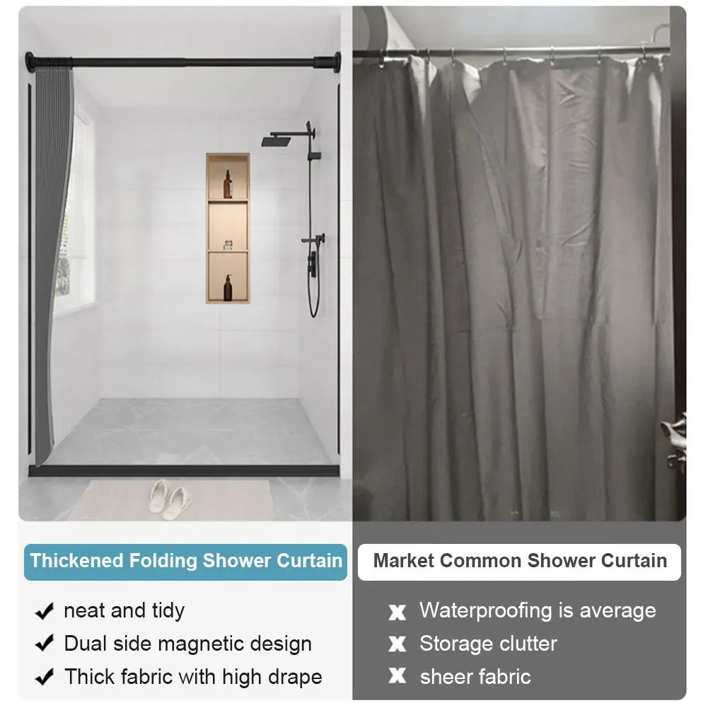 Foldable Magnetic Shower Curtain Waterproof Bath Curtain with 12/14 Hooks Modern Curtain Privacy Bathroom Divider for Bathroom