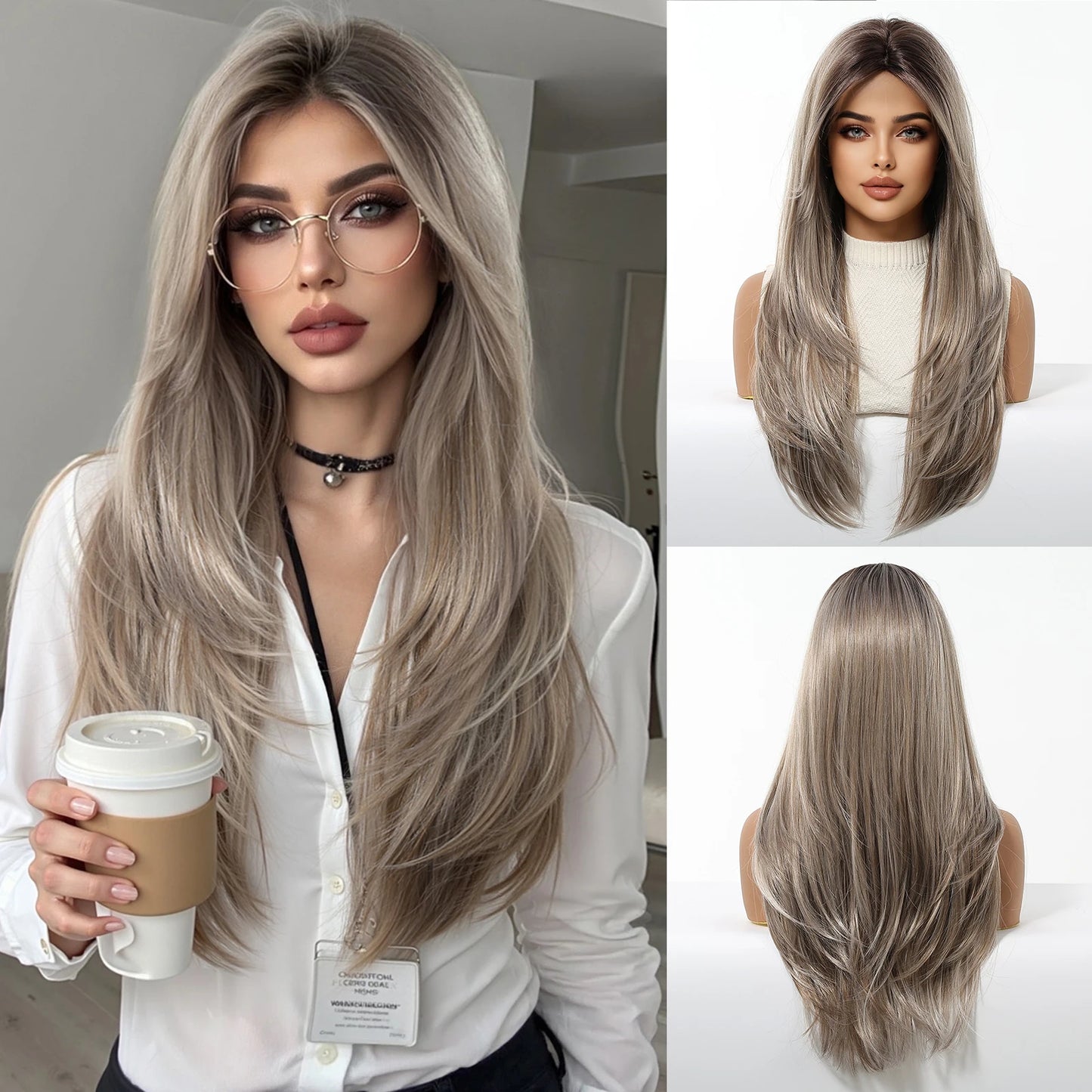 Perruques synthétiques longues blondes EASIHAIR pour femmes, cheveux naturels lisses et dégradés avec frange, résistantes à la chaleur, pour un usage quotidien