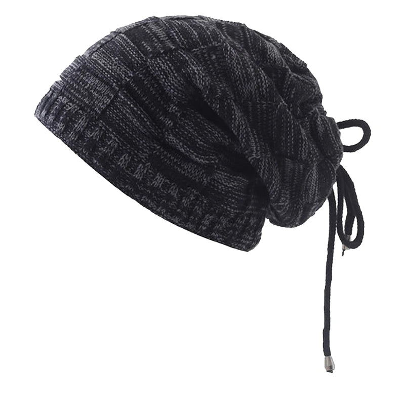 Bonnet tricoté chaud pour homme et femme, bonnet à pompon, bandana, cordon de serrage, écharpe, épais, chaud et doux, tête et cou