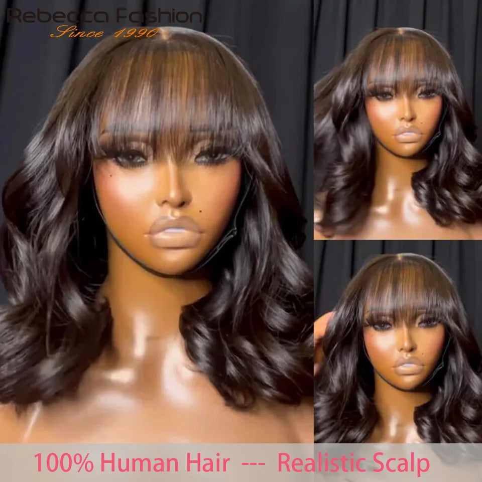 Perruques Rebecca 3x1 Body Wave 100 % cheveux humains avec frange rideau pour femmes, cheveux brésiliens Remy, sans colle, colorées, QVR