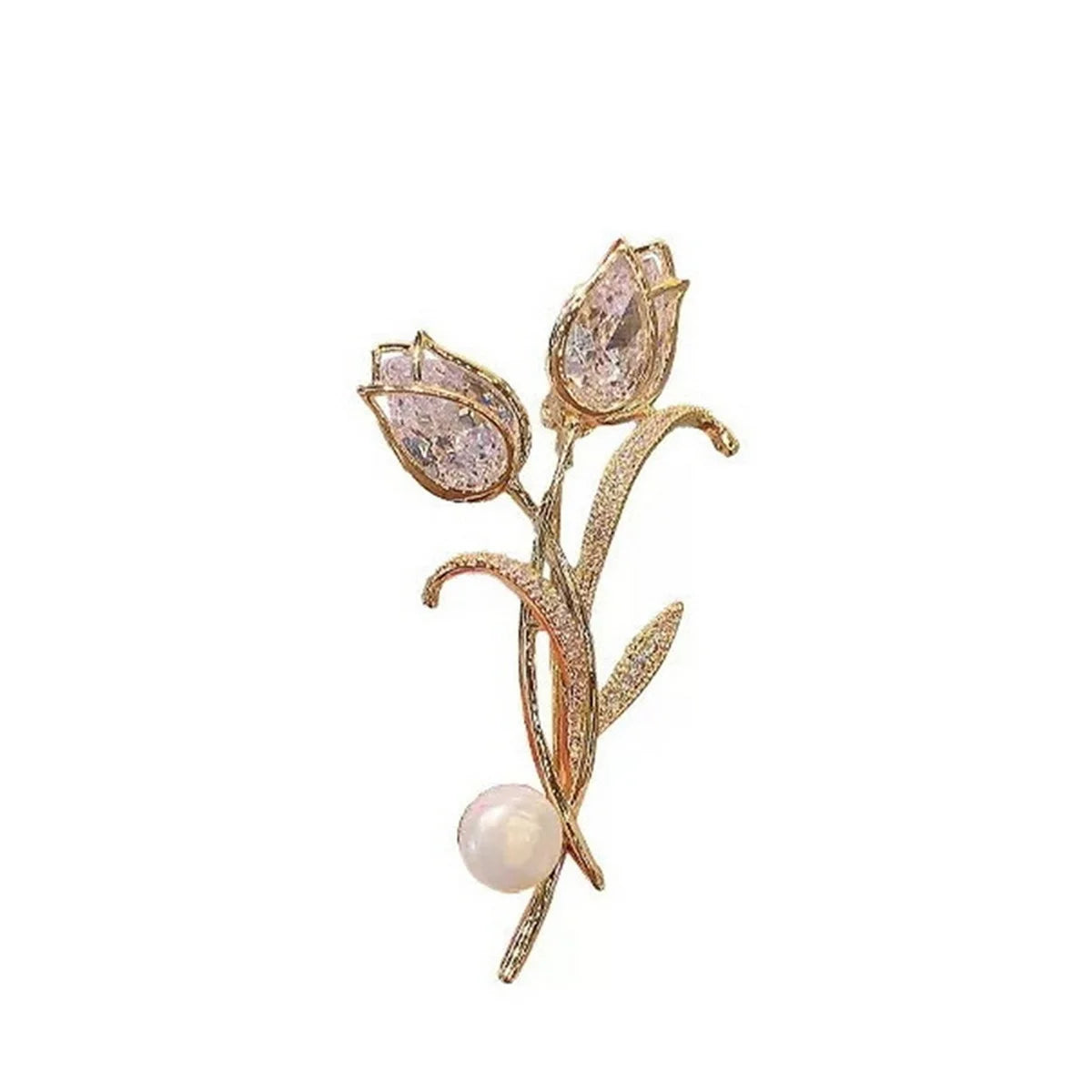 Rinhoo Luxury Pink Green Zircon Tulip Flower Brooch For Women Elegant Pearl Floral Lapel Pins Plant Button Badge Wedding Jewelry