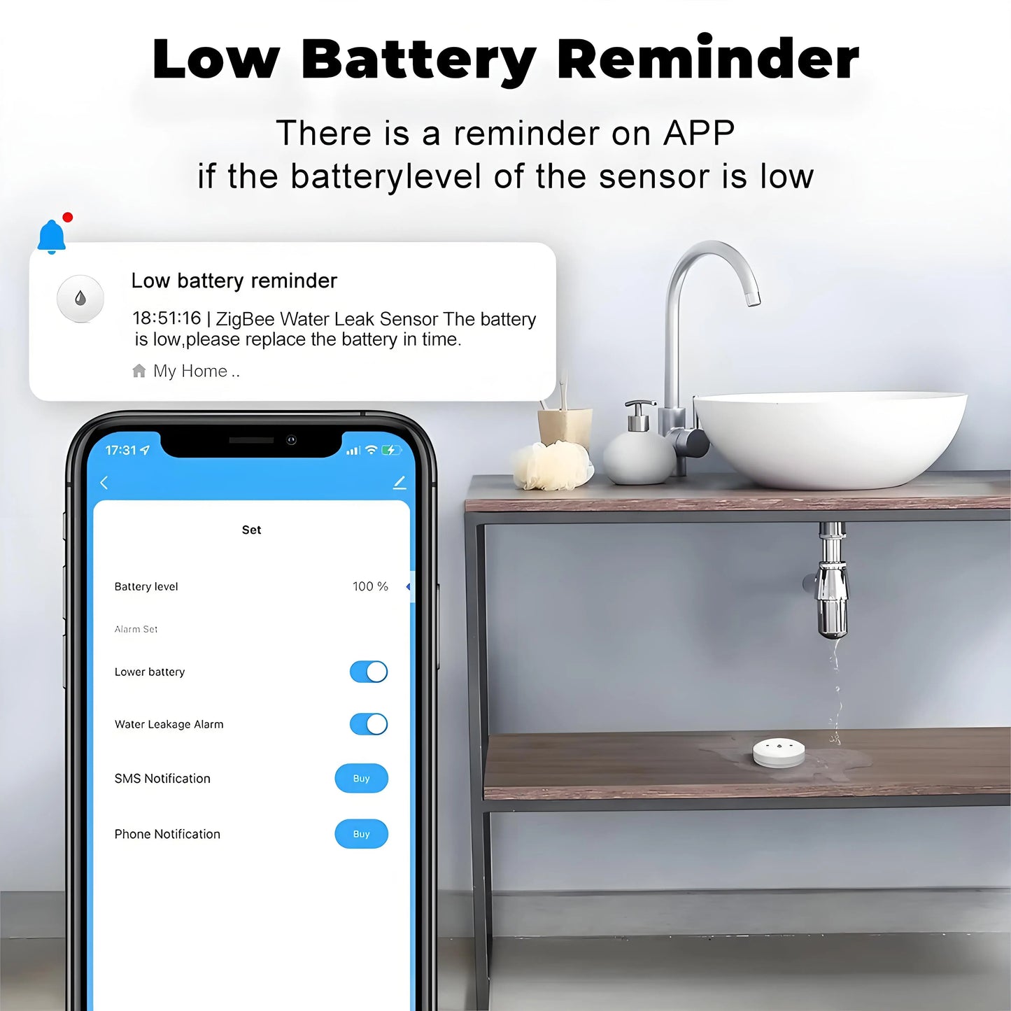 Zigbee Water Sensor Tuya Leak Flood Detector App Remote Monitoring for Kitchen/Bathroom Support Home Assistant