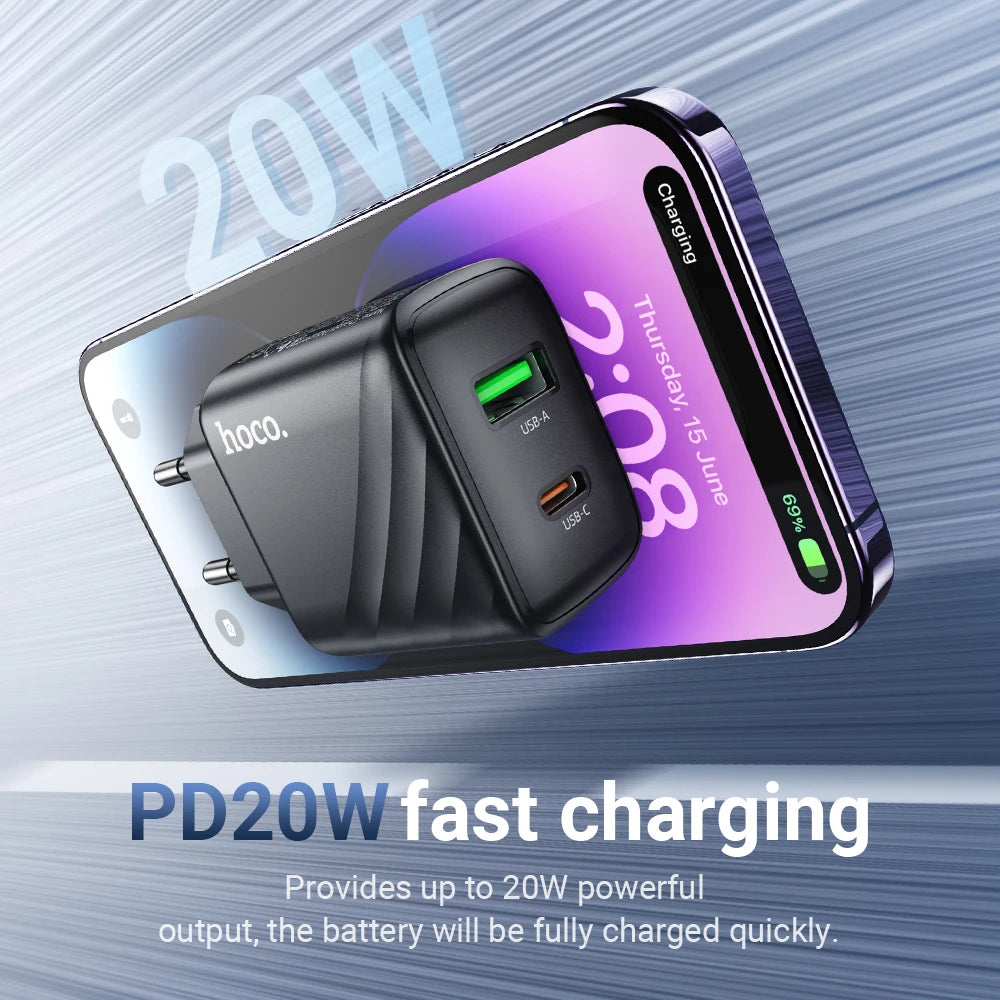 HOCO CS25A 20W USB Type C Charger PD Fast Charge Phone QC 3.0 Quick Chargers For iPhone 15 14 13 12 Pro Max Mini iPad Charging