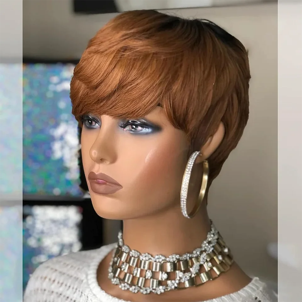 Perruque courte et lisse en cheveux humains, coupe Pixie, fabriquée à la machine, pour femmes noires, avec frange, dégradée, vierge, noir 1B, bonnet complet