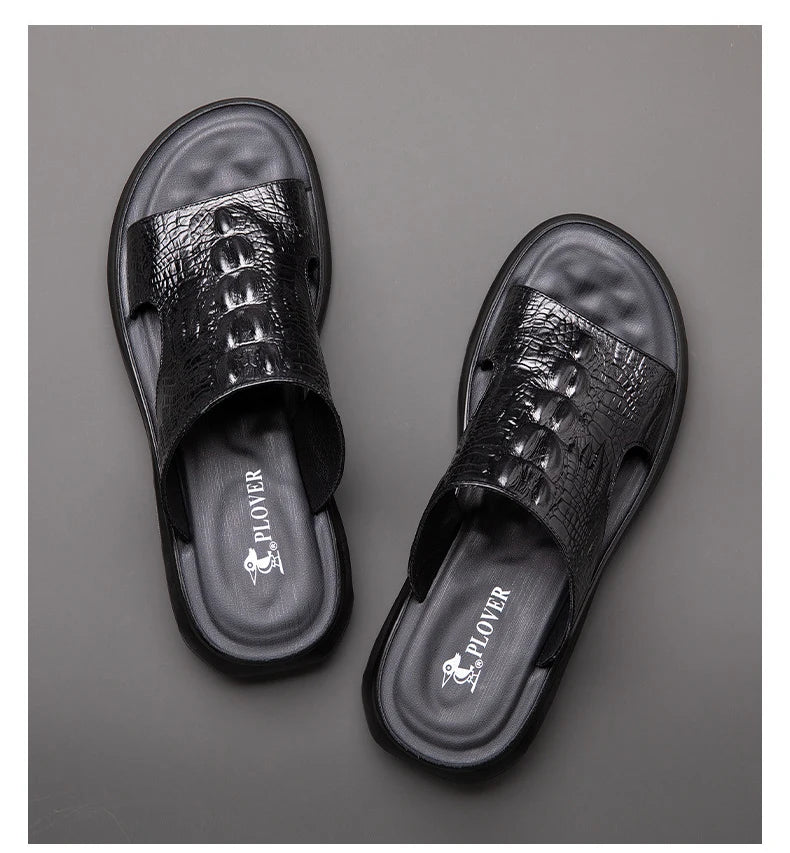 Chaussures d'été pour hommes, sandales en cuir véritable, imprimé crocodile, pantoufles décontractées, tongs à coussin d'air, chaussures de plage cool