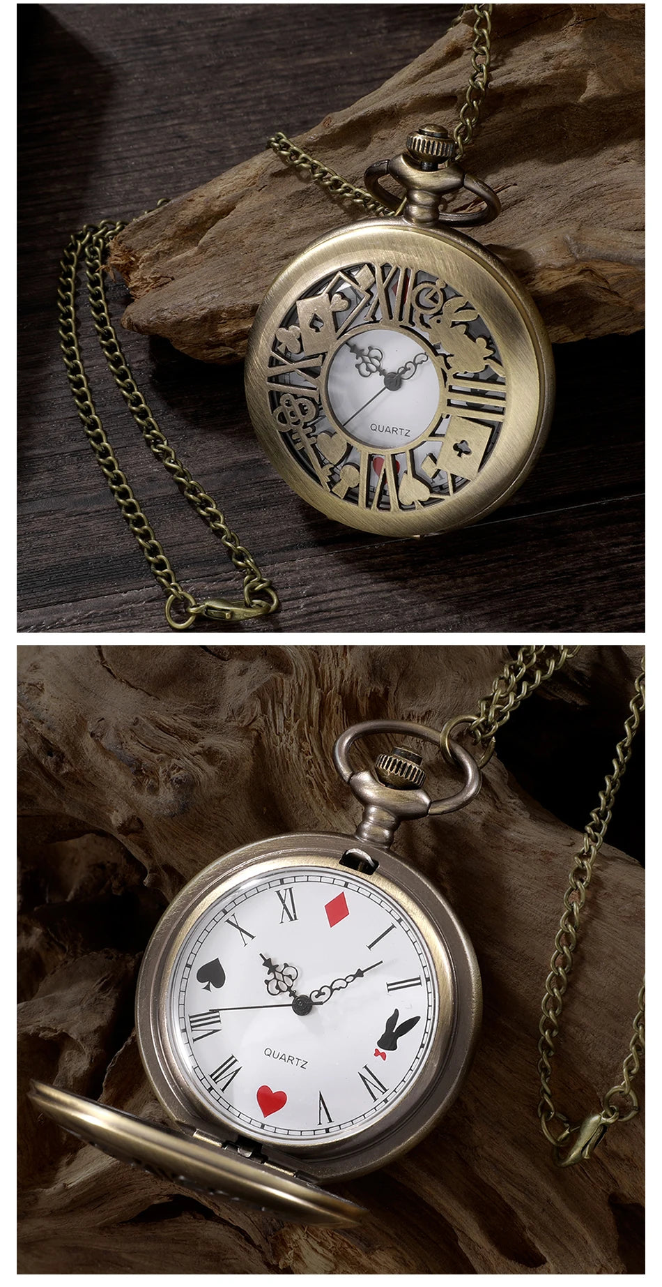 Montre de poche à quartz en bronze, style rétro Alice, pendentif, collier, cadeau pour homme et femme