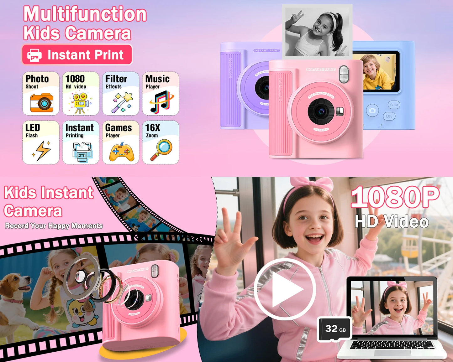 Kids Camera Instant Print HD 1080P 16X Zoom Digital Camera Video Recorder Toy for Girls & Boys Best Christmas Birthday Gfits