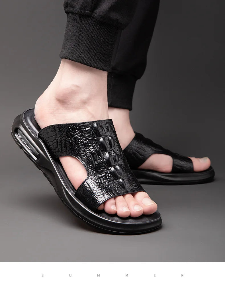 Chaussures d'été pour hommes, sandales en cuir véritable, imprimé crocodile, pantoufles décontractées, tongs à coussin d'air, chaussures de plage cool