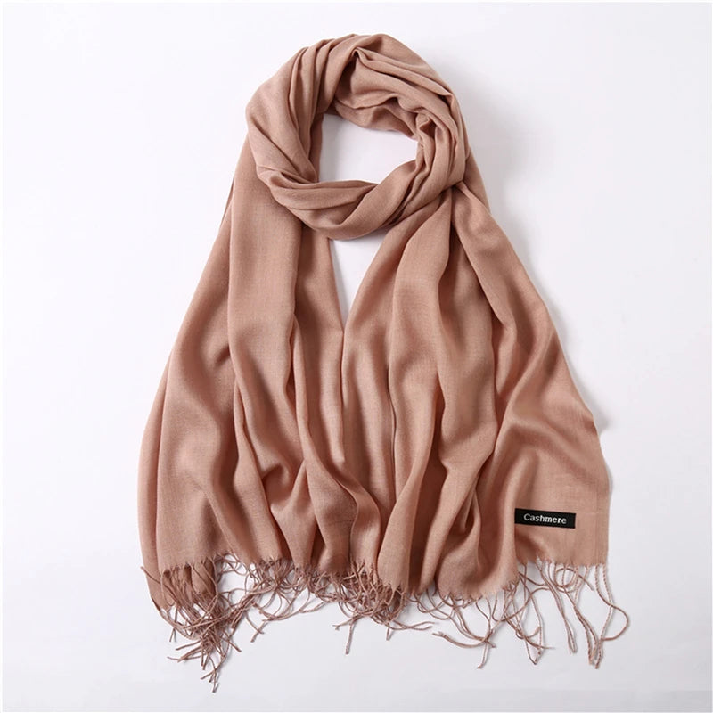 Écharpe tendance pour femme, couleur unie, hijab d'hiver, pompons, long châle, style cachemire, pashmina, bandana