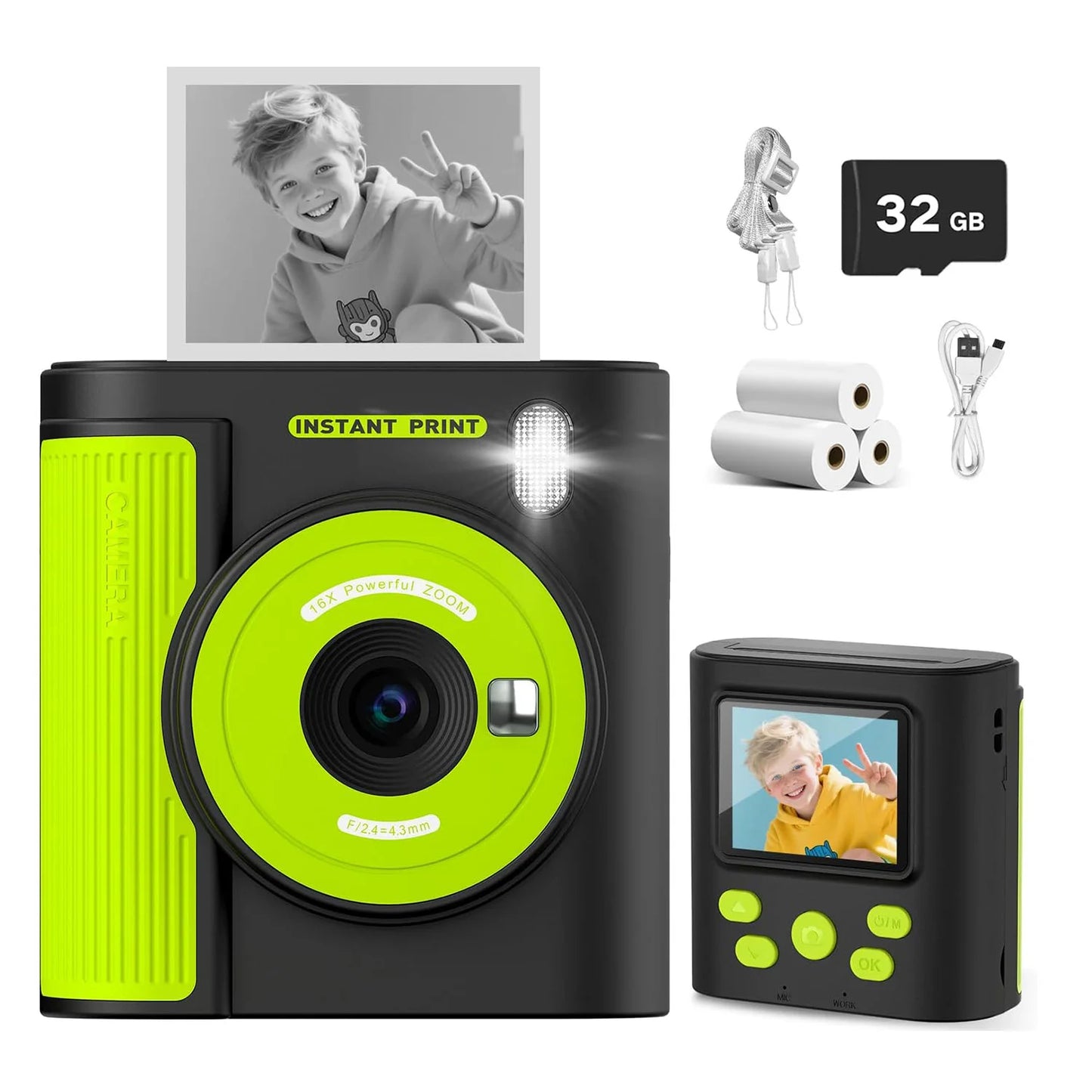 Kids Camera Instant Print HD 1080P 16X Zoom Digital Camera Video Recorder Toy for Girls & Boys Best Christmas Birthday Gfits