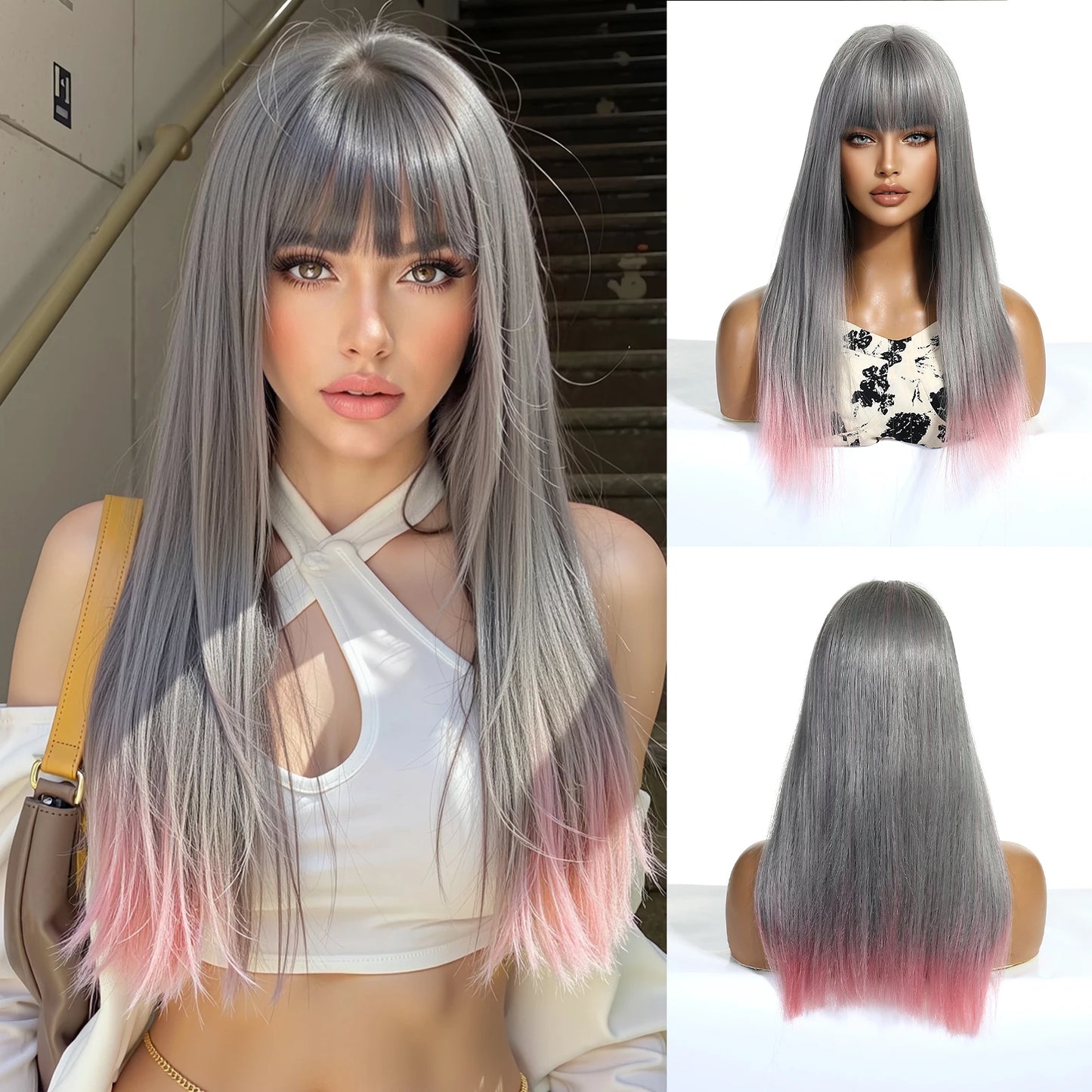 Perruques synthétiques longues blondes EASIHAIR pour femmes, cheveux naturels lisses et dégradés avec frange, résistantes à la chaleur, pour un usage quotidien
