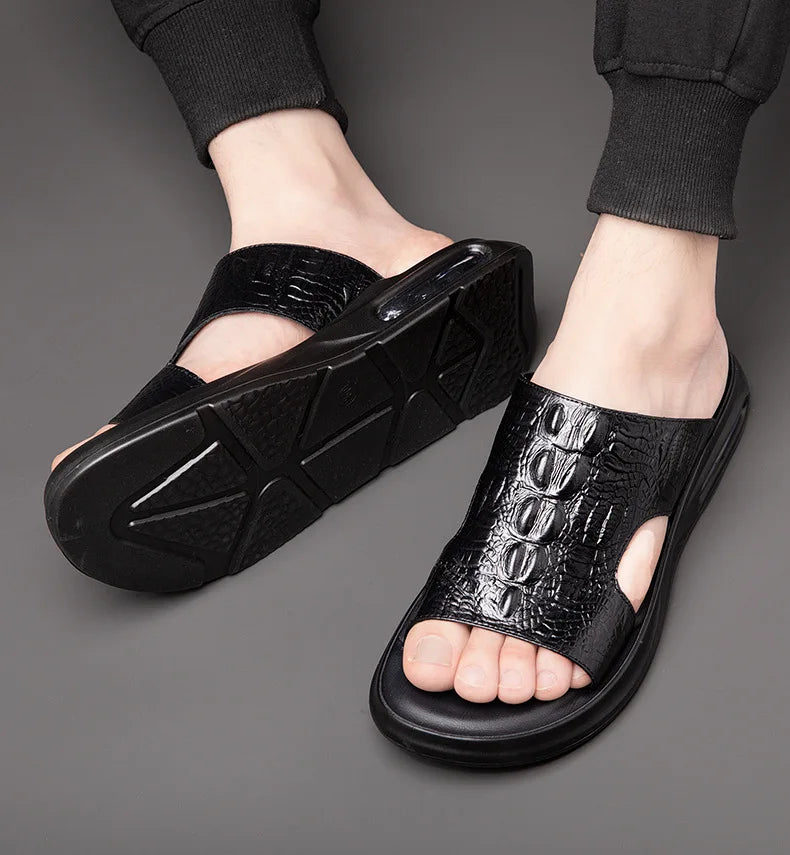 Chaussures d'été pour hommes, sandales en cuir véritable, imprimé crocodile, pantoufles décontractées, tongs à coussin d'air, chaussures de plage cool