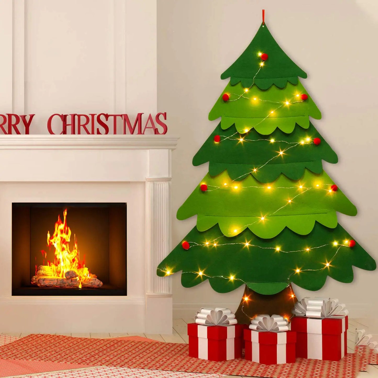 Felt Christmas Tree Gifts for Toddlers Kids with Led String Light, 3.2ft Wall Hanging DIY Xmas Tree 32 Ornaments Home Decoration