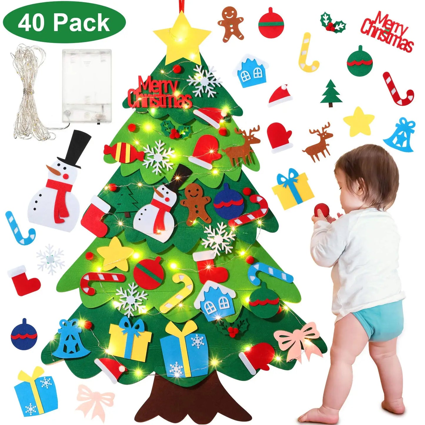 Felt Christmas Tree Gifts for Toddlers Kids with Led String Light, 3.2ft Wall Hanging DIY Xmas Tree 32 Ornaments Home Decoration