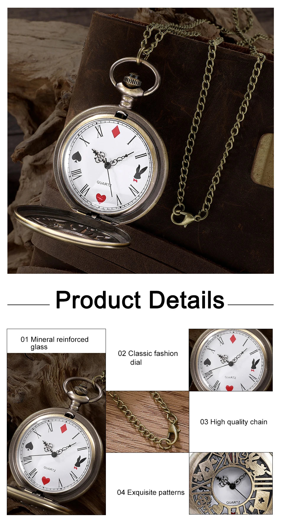Montre de poche à quartz en bronze, style rétro Alice, pendentif, collier, cadeau pour homme et femme