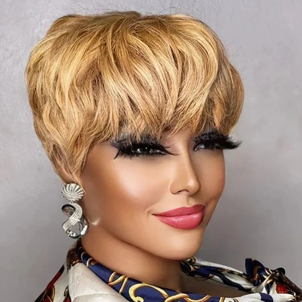 Perruque courte et lisse en cheveux humains, coupe Pixie, fabriquée à la machine, pour femmes noires, avec frange, dégradée, vierge, noir 1B, bonnet complet