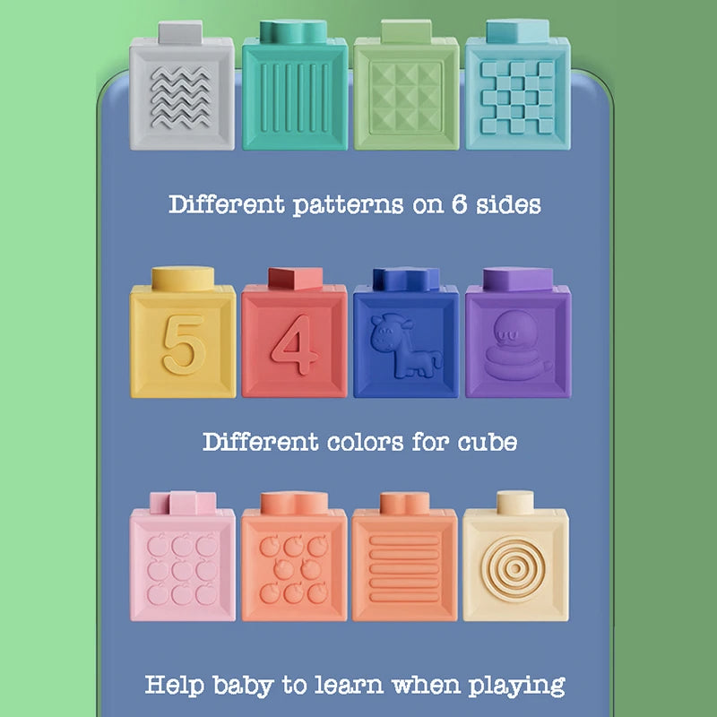 Baby Soft Rubber Cube Puzzle Montessori Toddlers Touch Early Education Squeeze Stacker Relief Gifts Kids Children Bath Toys