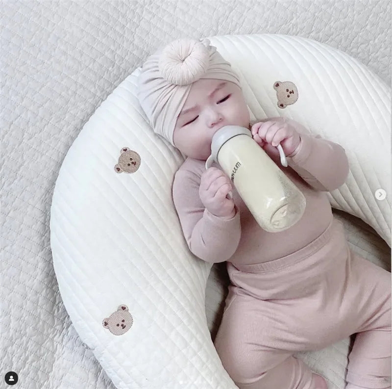 Coussin d'allaitement pour nouveau-né, coussin brodé pour bébé, coussin de lune en pur coton, oreiller de lit pour enfant, amovible et lavable