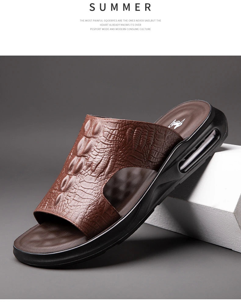 Chaussures d'été pour hommes, sandales en cuir véritable, imprimé crocodile, pantoufles décontractées, tongs à coussin d'air, chaussures de plage cool