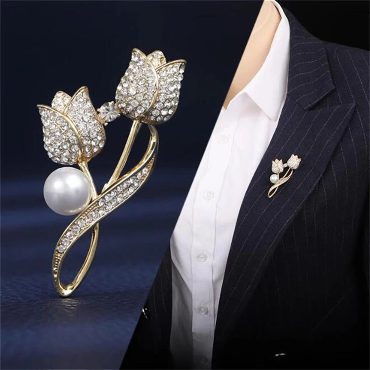 Rinhoo Luxury Pink Green Zircon Tulip Flower Brooch For Women Elegant Pearl Floral Lapel Pins Plant Button Badge Wedding Jewelry