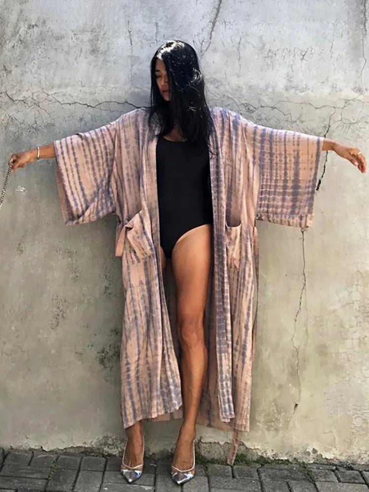 2023 Women Swimsuit Pareo Beachwear Boho Striped Print with Belt Short Sleeve Tunic Cardigan Summer Sexy Kimono Bikini Cover Up