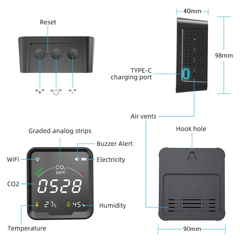NDIR CO2 Meter Alarm Temperature Humidity Detector Indoor Air Quality Monitor Gas Analyzer with LCD Display USB Rechargeable