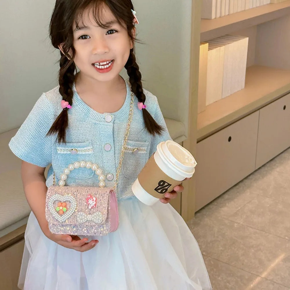 2024 Korean Style Pearl Kid's Handbag Lace Bow Princess Shoulder Messenger Bag Sequin Zero Wallet Pocket Pack