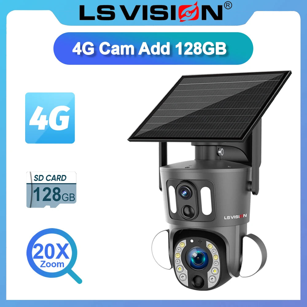 LS VISION 4G Solar Security Camera Outdoor 20X Zoom Dual Screen 8MP WiFi PTZ Dual Lens PIR Detection Auto Tracking Camera UBOX