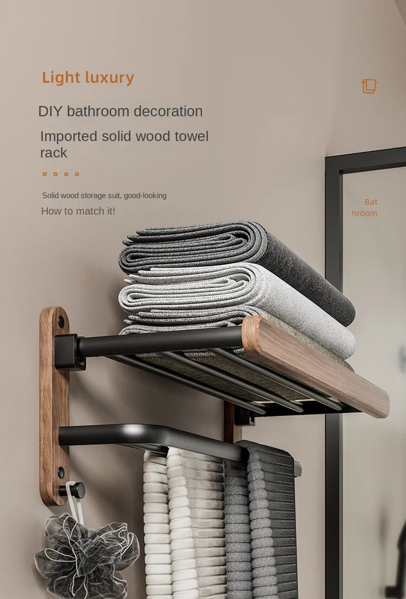 Nordic solid wood Light Luxury Towel Rack Bathroom Towel Shelf Perforated Wall Mounted Towel shelves Bathroom Accessories