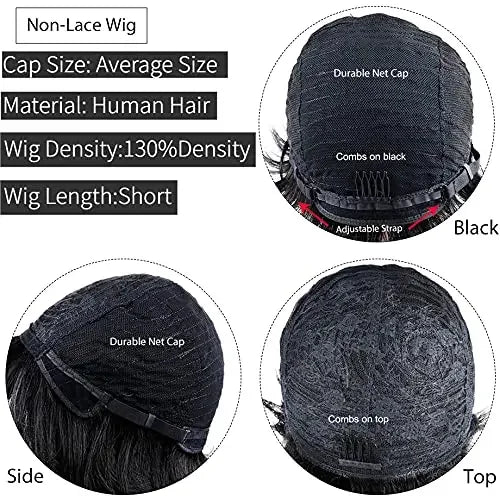 Perruque courte et lisse en cheveux humains, coupe Pixie, fabriquée à la machine, pour femmes noires, avec frange, dégradée, vierge, noir 1B, bonnet complet