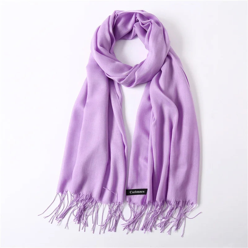 Écharpe tendance pour femme, couleur unie, hijab d'hiver, pompons, long châle, style cachemire, pashmina, bandana