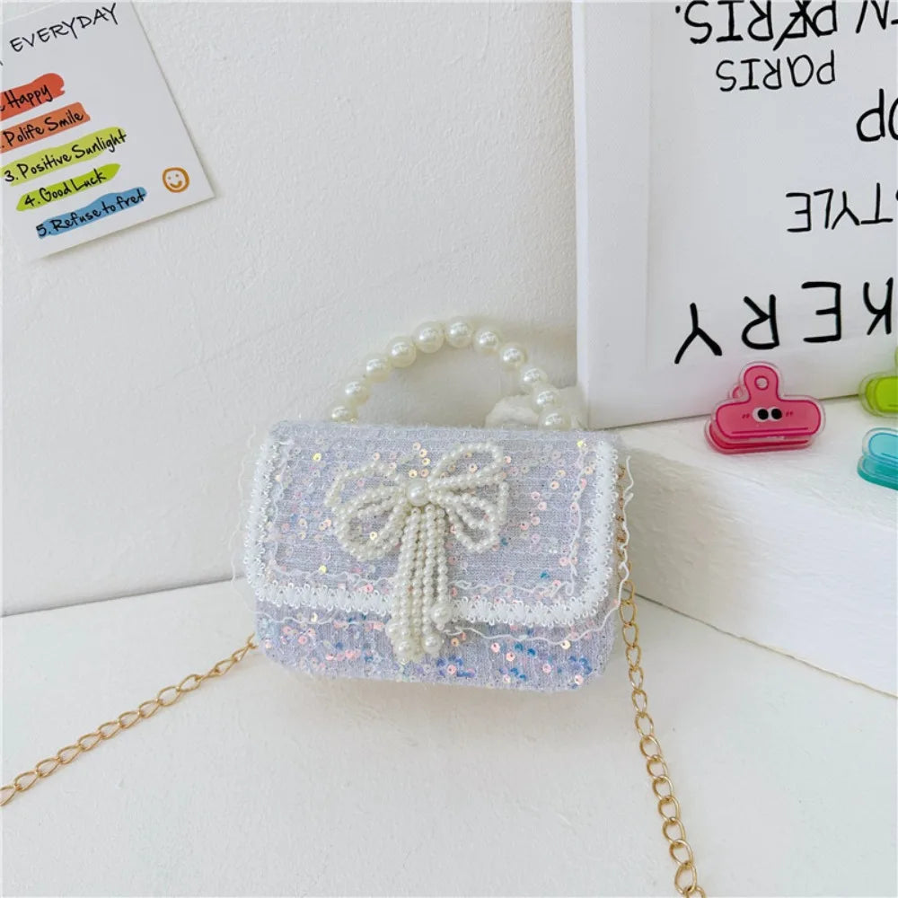 2024 Korean Style Pearl Kid's Handbag Lace Bow Princess Shoulder Messenger Bag Sequin Zero Wallet Pocket Pack