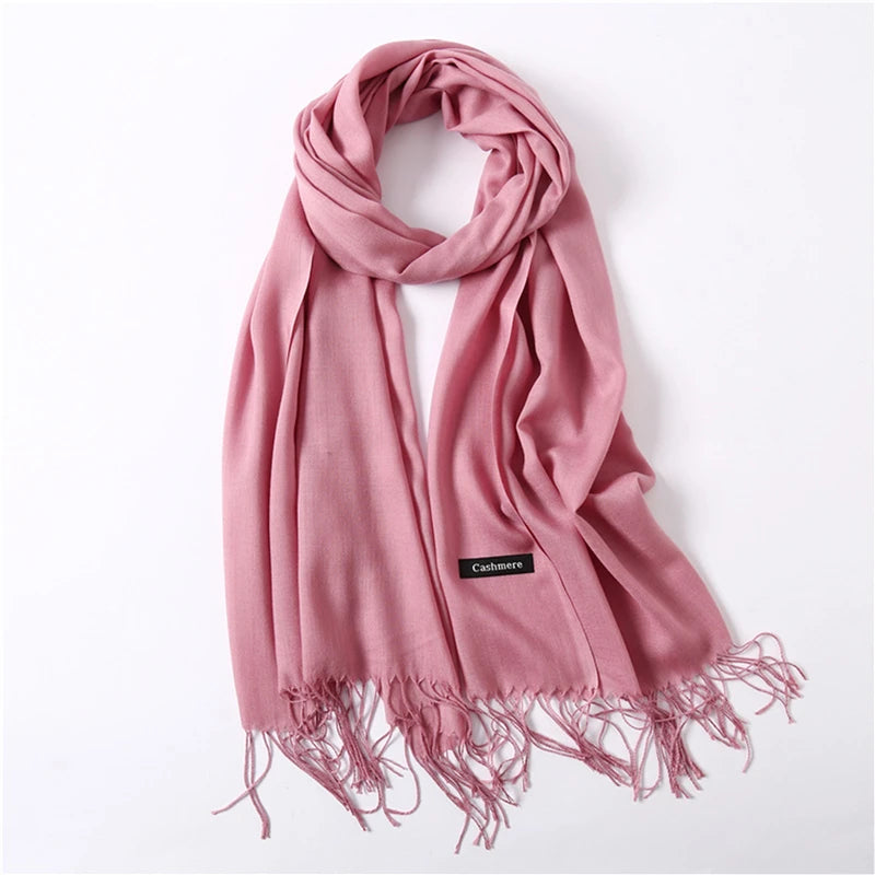 Écharpe tendance pour femme, couleur unie, hijab d'hiver, pompons, long châle, style cachemire, pashmina, bandana