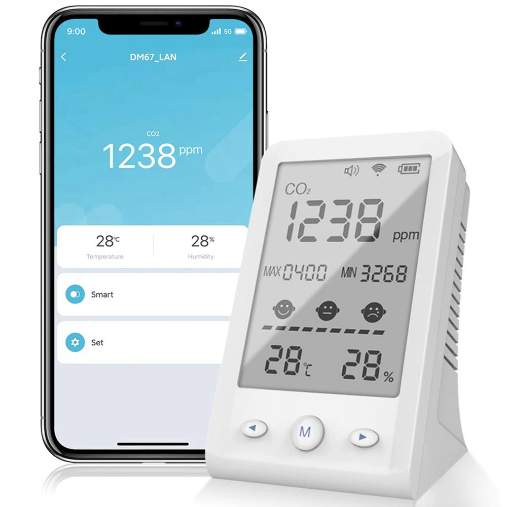 NDIR CO2 Meter Alarm Temperature Humidity Detector Indoor Air Quality Monitor Gas Analyzer with LCD Display USB Rechargeable